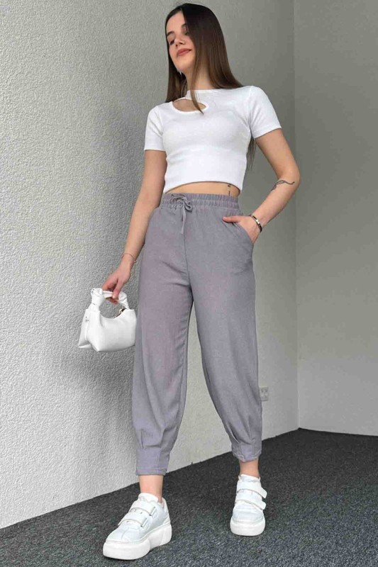 PNT-7384 Boyama Gri Gofre Kumaş Pens Detaylı Şalvar Pantolon - 4