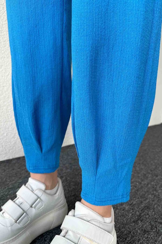 PNT-7384 Mavi Gofre Kumaş Pens Detaylı Şalvar Pantolon - 2