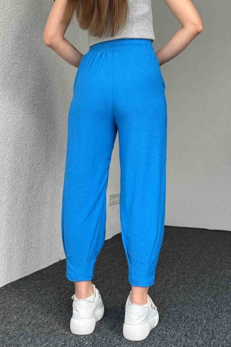 PNT-7384 Mavi Gofre Kumaş Pens Detaylı Şalvar Pantolon - 6