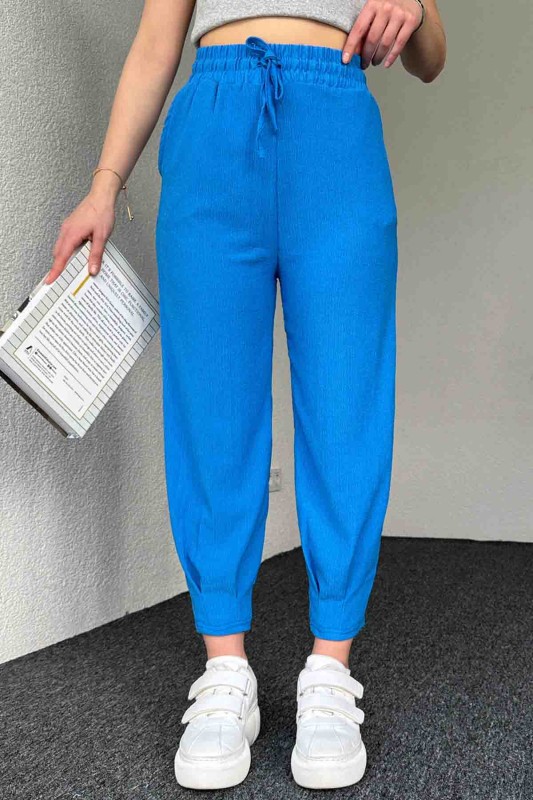 PNT-7384 Mavi Gofre Kumaş Pens Detaylı Şalvar Pantolon - 1