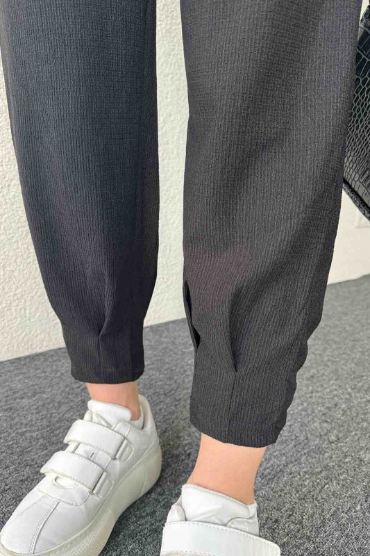 PNT-7384 Siyah Gofre Kumaş Pens Detaylı Şalvar Pantolon - 3