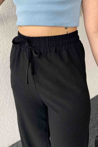 PNT-7384 Siyah Gofre Kumaş Pens Detaylı Şalvar Pantolon - 2