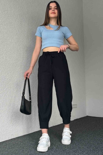 PNT-7384 Siyah Gofre Kumaş Pens Detaylı Şalvar Pantolon - 4