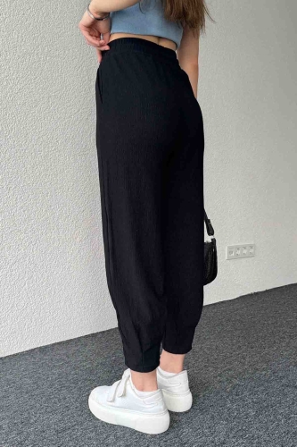 PNT-7384 Siyah Gofre Kumaş Pens Detaylı Şalvar Pantolon - 5