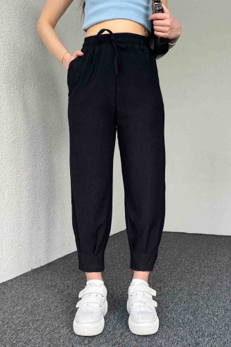 PNT-7384 Siyah Gofre Kumaş Pens Detaylı Şalvar Pantolon - 1