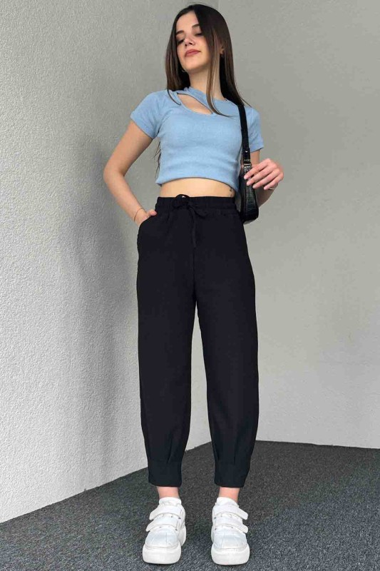 PNT-7384 Siyah Gofre Kumaş Pens Detaylı Şalvar Pantolon - 7