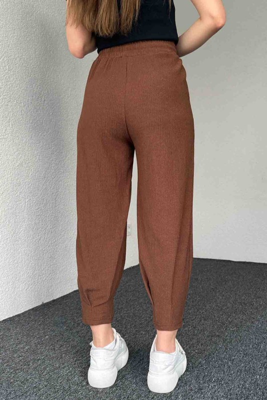 PNT-7384 Kahverengi Gofre Kumaş Pens Detaylı Şalvar Pantolon - 6