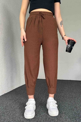 PNT-7384 Kahverengi Gofre Kumaş Pens Detaylı Şalvar Pantolon - 1