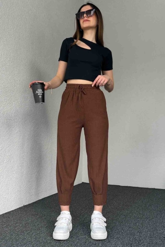 PNT-7384 Kahverengi Gofre Kumaş Pens Detaylı Şalvar Pantolon - 5