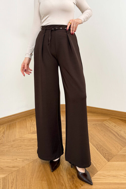 PNT-7409 Kahverengi Metal Tokalı Kuşaklı Krep Pantolon  - 1