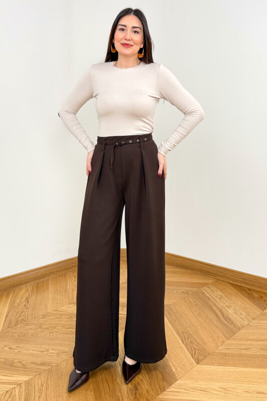 PNT-7409 Kahverengi Metal Tokalı Kuşaklı Krep Pantolon  - 2