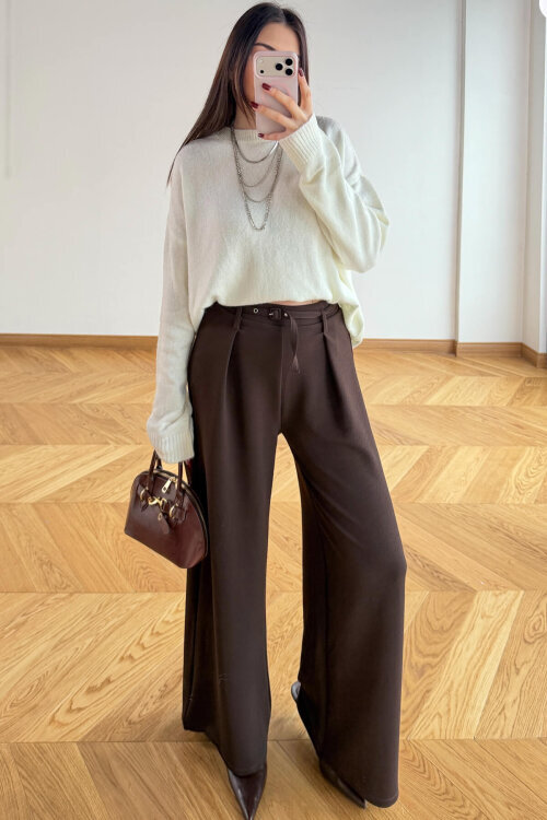 PNT-7409 Kahverengi Metal Tokalı Kuşaklı Krep Pantolon  - 6