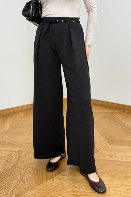 PNT-7409 Siyah Metal Tokalı Kuşaklı Krep Pantolon - 3