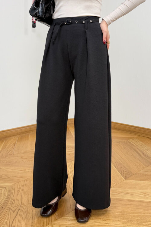 PNT-7409 Siyah Metal Tokalı Kuşaklı Krep Pantolon 