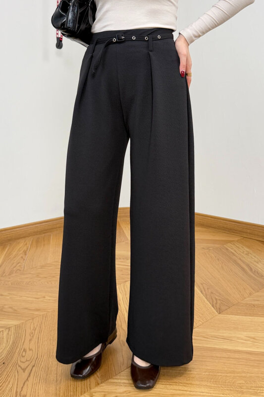PNT-7409 Siyah Metal Tokalı Kuşaklı Krep Pantolon - 1