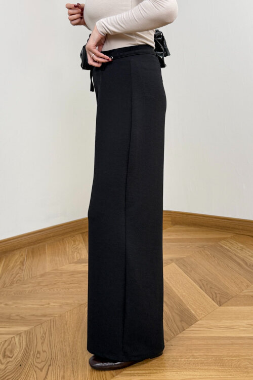 PNT-7409 Siyah Metal Tokalı Kuşaklı Krep Pantolon - 5