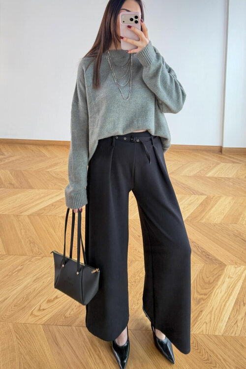 PNT-7409 Siyah Metal Tokalı Kuşaklı Krep Pantolon - 6