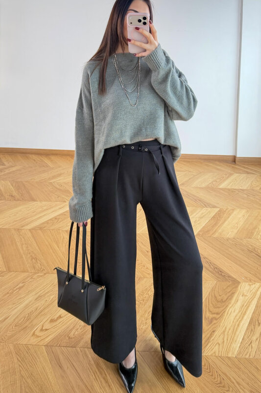 PNT-7409 Siyah Metal Tokalı Kuşaklı Krep Pantolon - 6