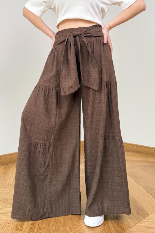 PNT-7443 Kahverengi Bağlama Detaylı Bel Lastikli Keten Pantolon (1)