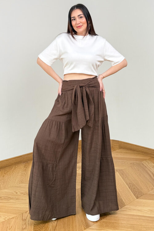 PNT-7443 Kahverengi Bağlama Detaylı Bel Lastikli Keten Pantolon