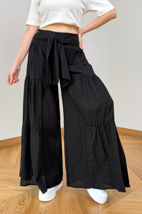 PNT-7443 Siyah Bağlama Detaylı Bel Lastikli Keten Pantolon (1)