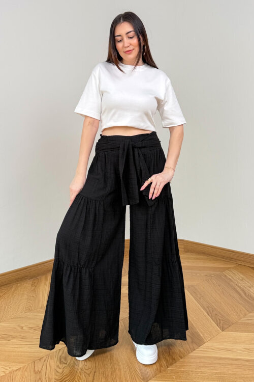 PNT-7443 Siyah Bağlama Detaylı Bel Lastikli Keten Pantolon