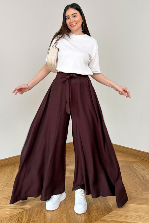 PNT-7671 Acı Kahve Bağlama Detaylı Cepli Dokuma Şalvar Pantolon 