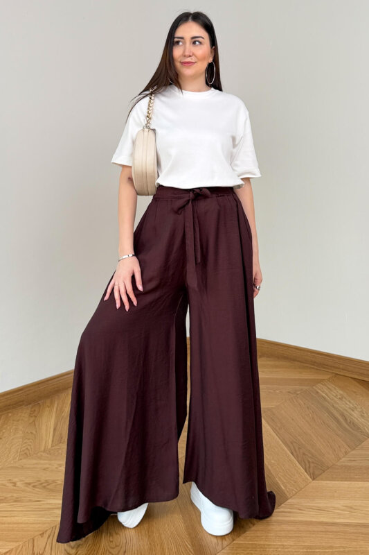 PNT-7671 Acı Kahve Bağlama Detaylı Cepli Dokuma Şalvar Pantolon - 3