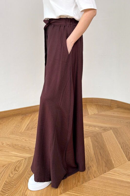 PNT-7671 Acı Kahve Bağlama Detaylı Cepli Dokuma Şalvar Pantolon - 5