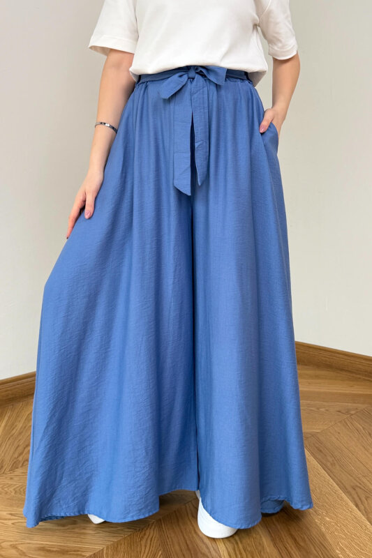 PNT-7671 Bebe Mavi Bağlama Detaylı Cepli Dokuma Şalvar Pantolon - 2