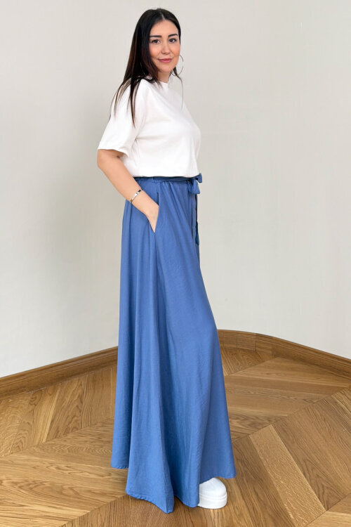 PNT-7671 Bebe Mavi Bağlama Detaylı Cepli Dokuma Şalvar Pantolon - 3