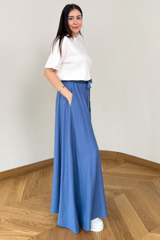 PNT-7671 Bebe Mavi Bağlama Detaylı Cepli Dokuma Şalvar Pantolon - 3