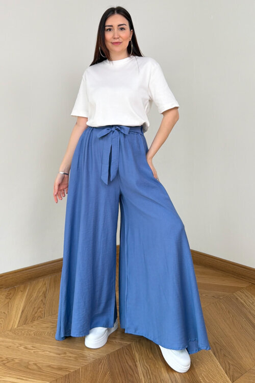 PNT-7671 Bebe Mavi Bağlama Detaylı Cepli Dokuma Şalvar Pantolon - 1