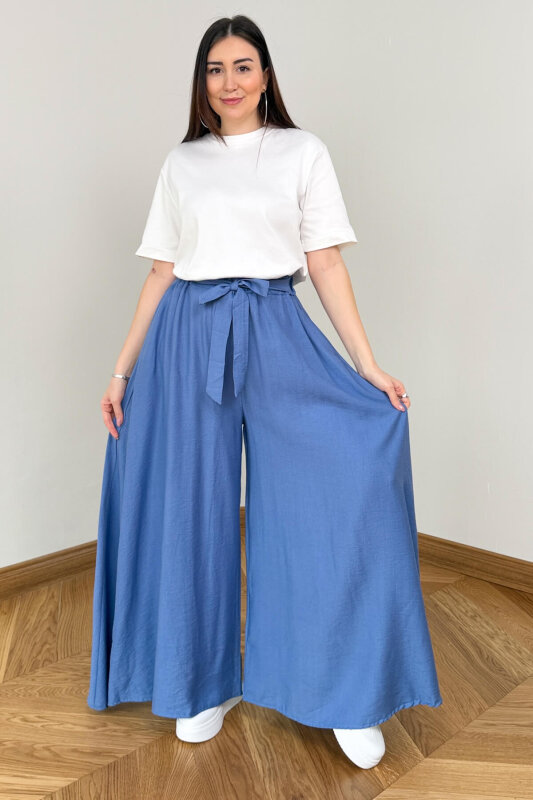 PNT-7671 Bebe Mavi Bağlama Detaylı Cepli Dokuma Şalvar Pantolon - 4