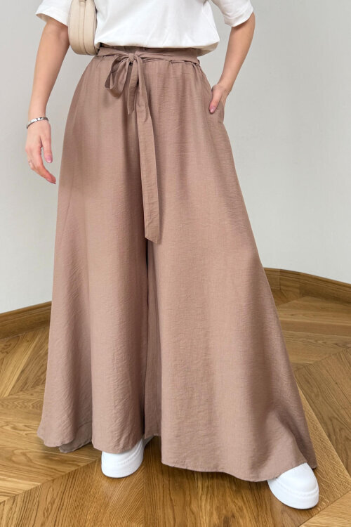 PNT-7671 Bej Bağlama Detaylı Cepli Dokuma Şalvar Pantolon - 2