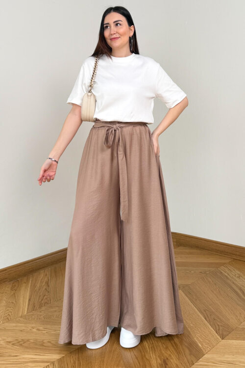 PNT-7671 Bej Bağlama Detaylı Cepli Dokuma Şalvar Pantolon 