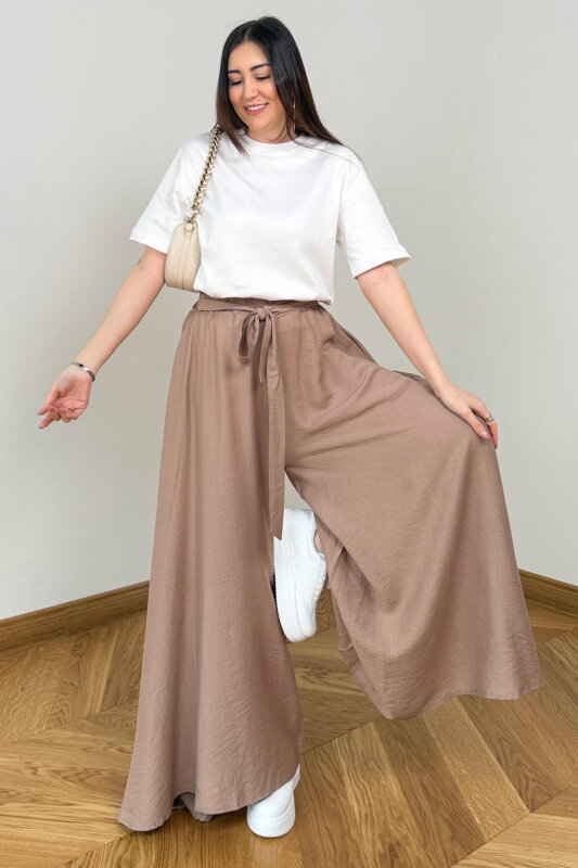 PNT-7671 Bej Bağlama Detaylı Cepli Dokuma Şalvar Pantolon - 3