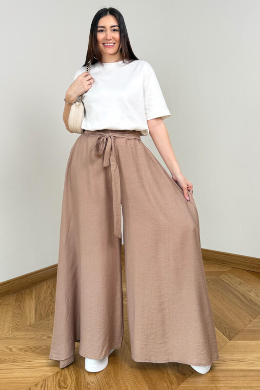 PNT-7671 Bej Bağlama Detaylı Cepli Dokuma Şalvar Pantolon - 4