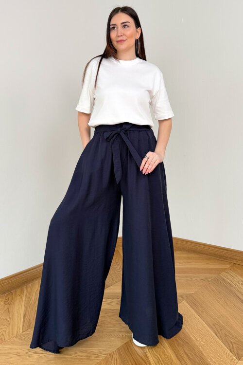 PNT-7671 Lacivert Bağlama Detaylı Cepli Dokuma Şalvar Pantolon 