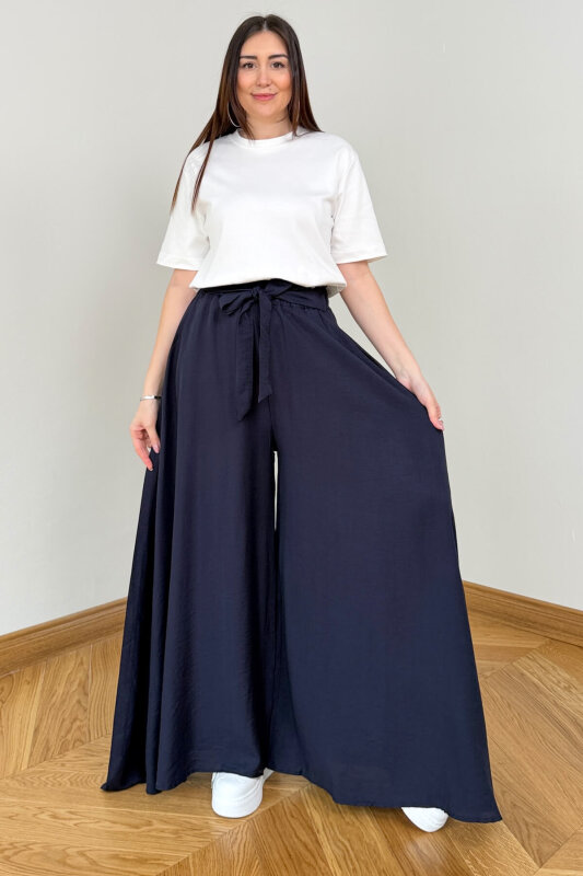 PNT-7671 Lacivert Bağlama Detaylı Cepli Dokuma Şalvar Pantolon - 3