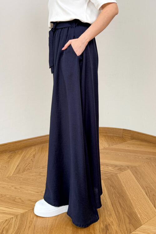 PNT-7671 Lacivert Bağlama Detaylı Cepli Dokuma Şalvar Pantolon - 4