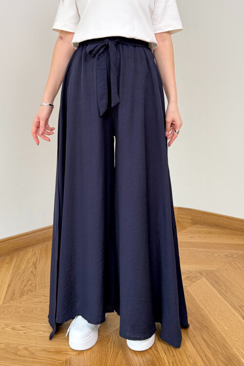 PNT-7671 Lacivert Bağlama Detaylı Cepli Dokuma Şalvar Pantolon - 2