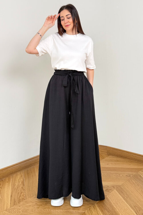 PNT-7671 Siyah Bağlama Detaylı Cepli Dokuma Şalvar Pantolon - 3