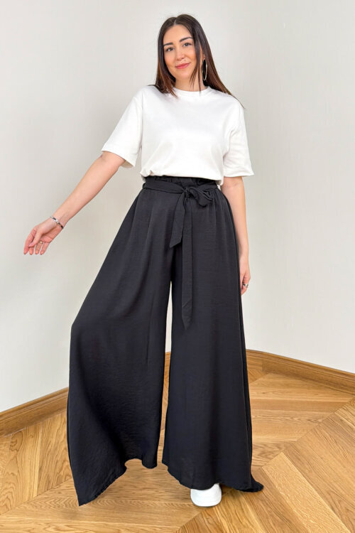 PNT-7671 Siyah Bağlama Detaylı Cepli Dokuma Şalvar Pantolon - 4