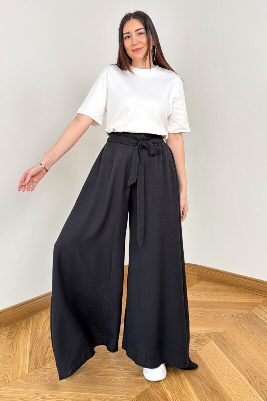 PNT-7671 Siyah Bağlama Detaylı Cepli Dokuma Şalvar Pantolon - 4