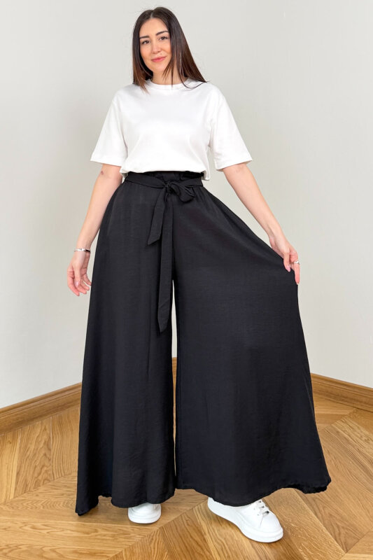 PNT-7671 Siyah Bağlama Detaylı Cepli Dokuma Şalvar Pantolon - 1