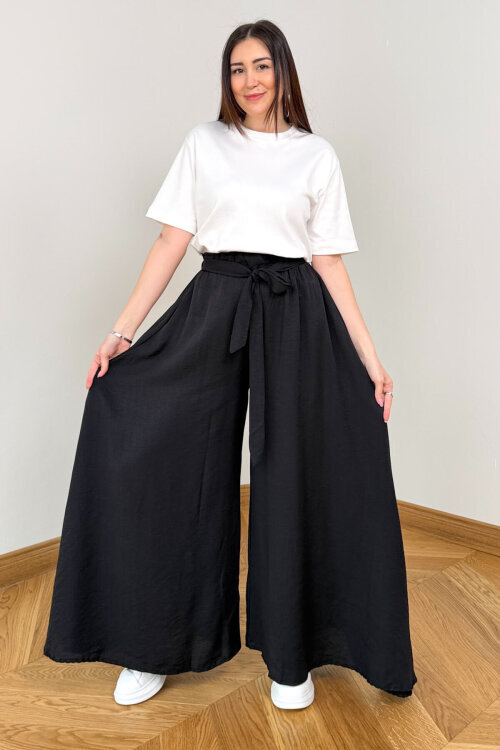 PNT-7671 Siyah Bağlama Detaylı Cepli Dokuma Şalvar Pantolon - 5