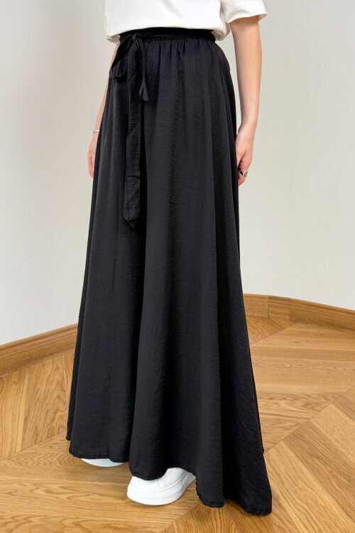 PNT-7671 Siyah Bağlama Detaylı Cepli Dokuma Şalvar Pantolon - 6