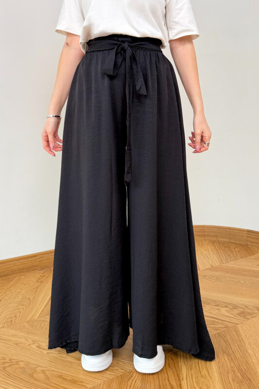 PNT-7671 Siyah Bağlama Detaylı Cepli Dokuma Şalvar Pantolon - 2