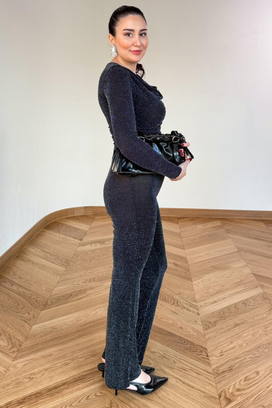 PNT-82275 Siyah Sim Dokulu Bel Lastikli Pantolon - 2